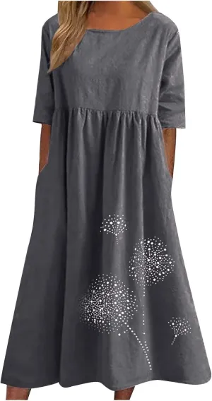 Women's Cotton Linen Dresses Plus Size Casual Midi Dresses 2025 Trendy Short Sleeve Summer Dress with Pockets