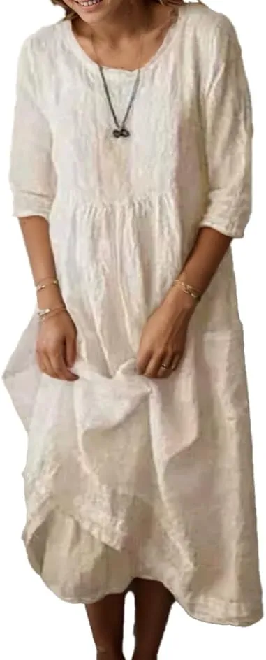 Women's Cotton Linen Midi Dresses Ruffled Round Neck Half Sleeve Pleated Summer Vacation Flowy Dress wih Pockets