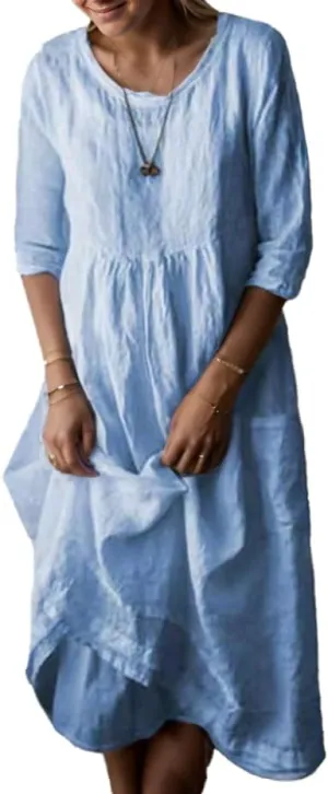 Women's Cotton Linen Midi Dresses Ruffled Round Neck Half Sleeve Pleated Summer Vacation Flowy Dress wih Pockets