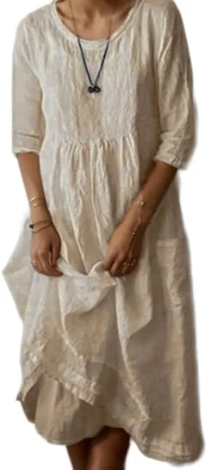 Women's Cotton Linen Midi Dresses Ruffled Round Neck Half Sleeve Pleated Summer Vacation Flowy Dress wih Pockets