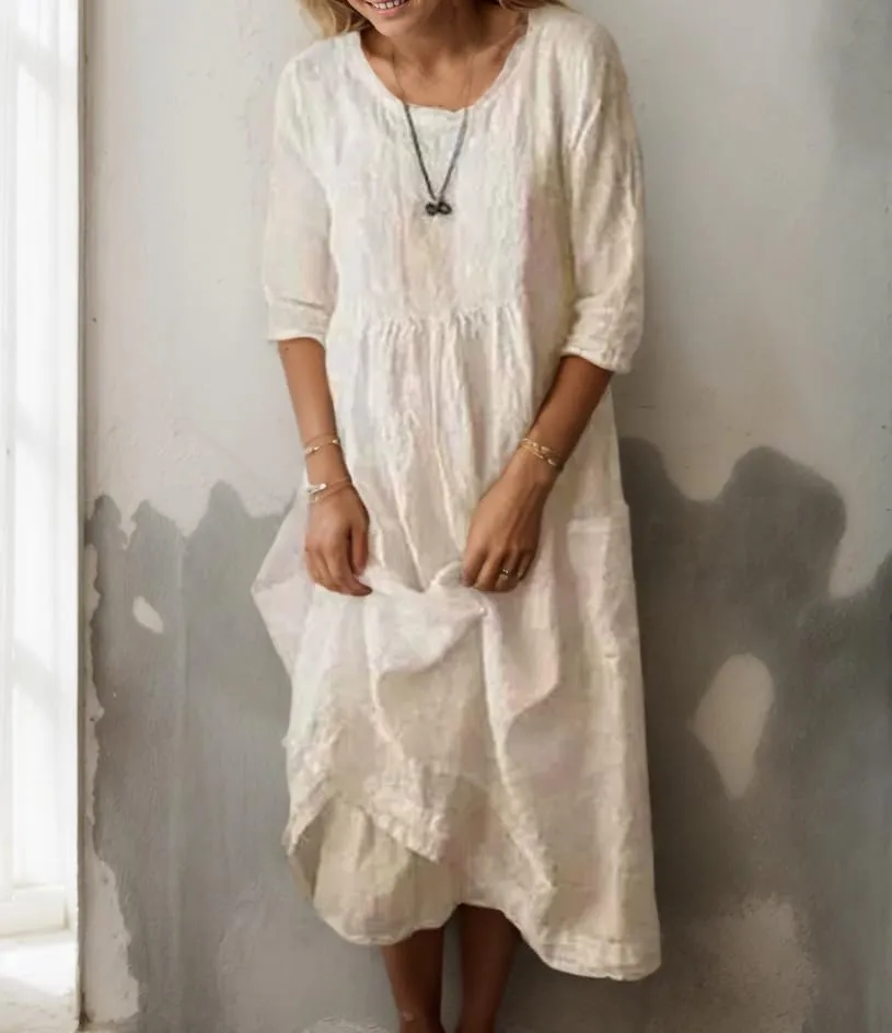 Women's Cotton Linen Midi Dresses Ruffled Round Neck Half Sleeve Pleated Summer Vacation Flowy Dress wih Pockets