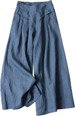 Women's Cotton Linen Palazzo Trousers Elastic Waist Wide Leg Capri Pants Summer Trendy Vacation Breathable Flowy Pant