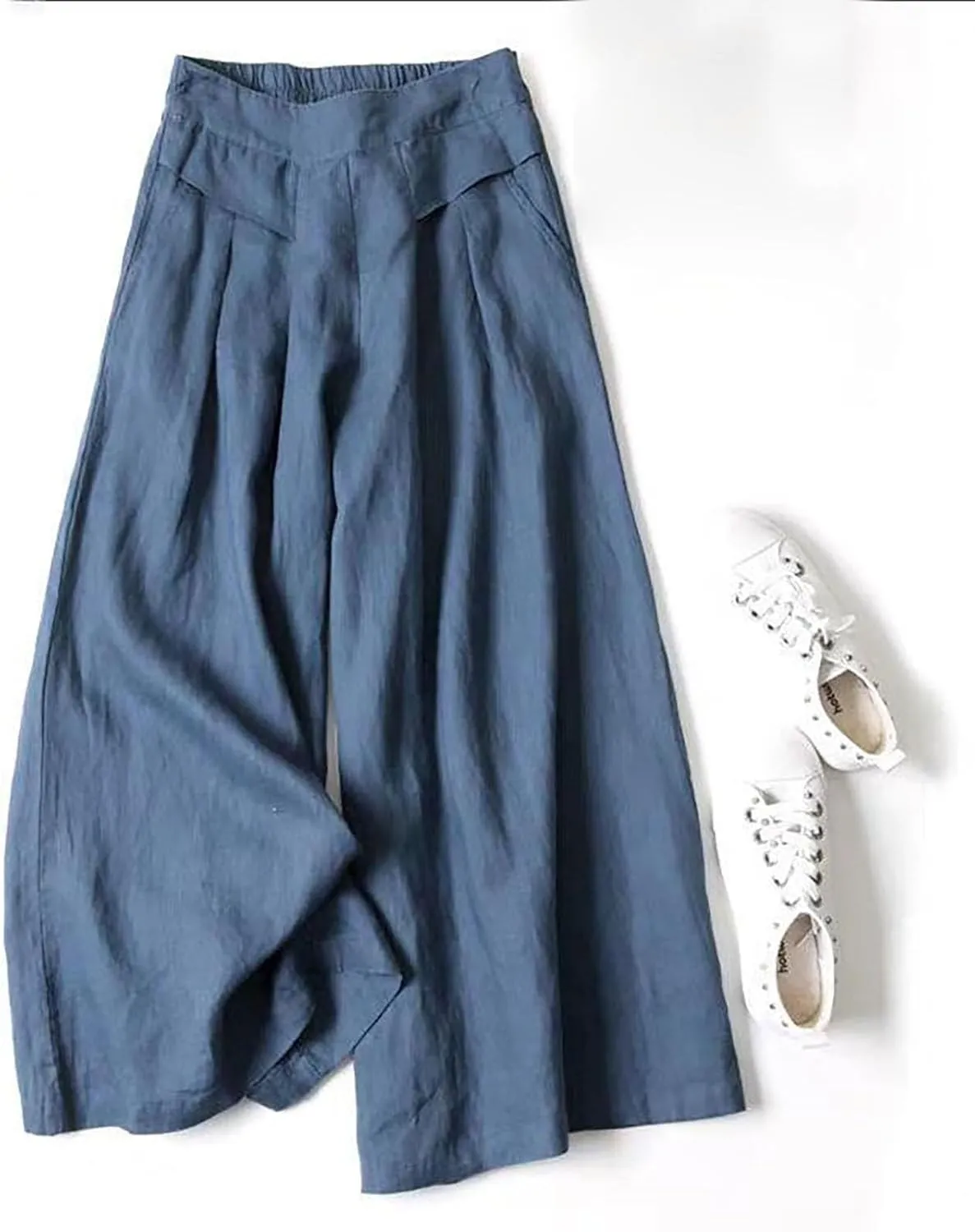 Women's Cotton Linen Palazzo Trousers Elastic Waist Wide Leg Capri Pants Summer Trendy Vacation Breathable Flowy Pant