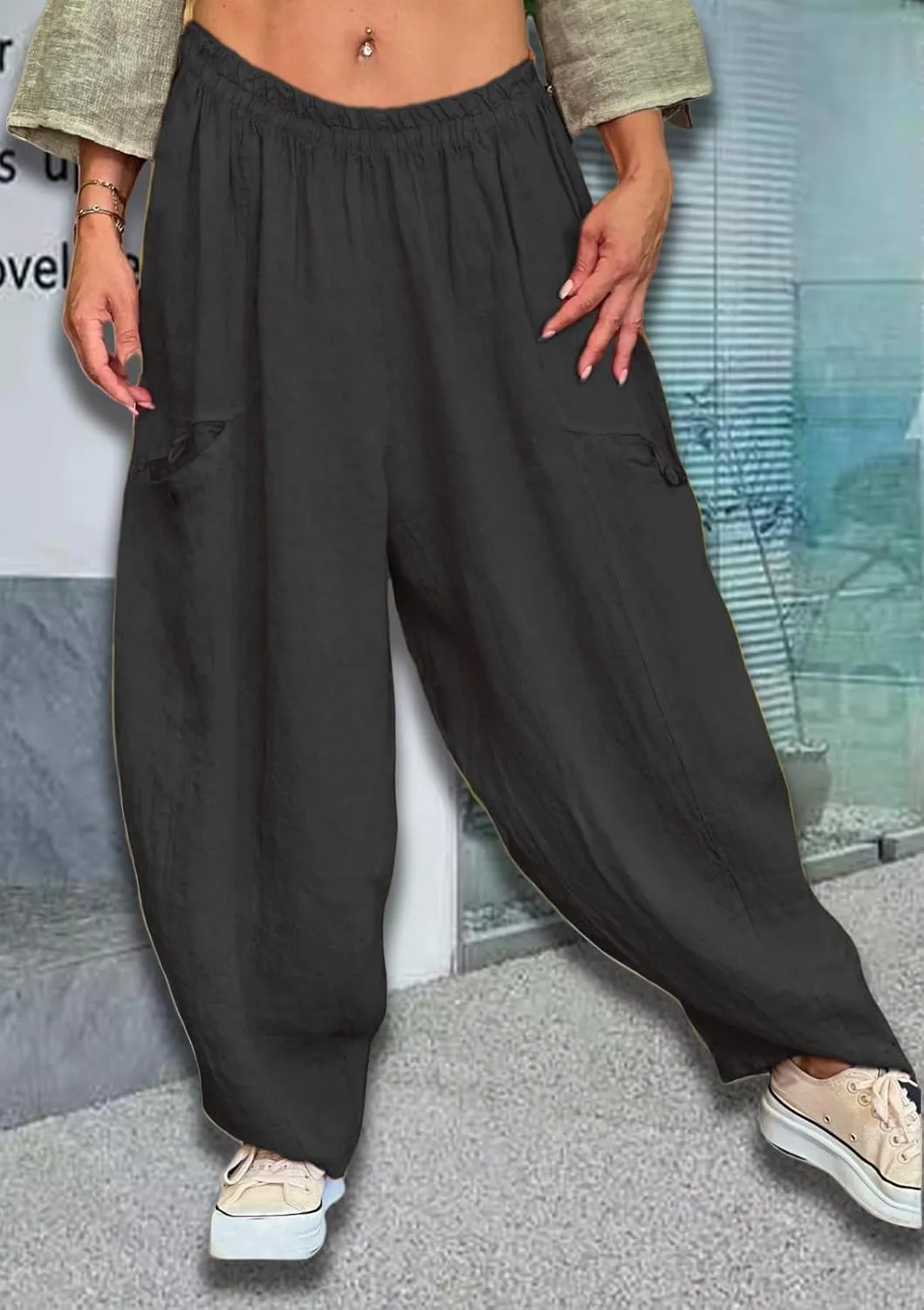 Women's Cotton Linen Pants Casual Loose Lantern Trousers Lounge Wide Leg Pants for Women Summer Light and Breathable
