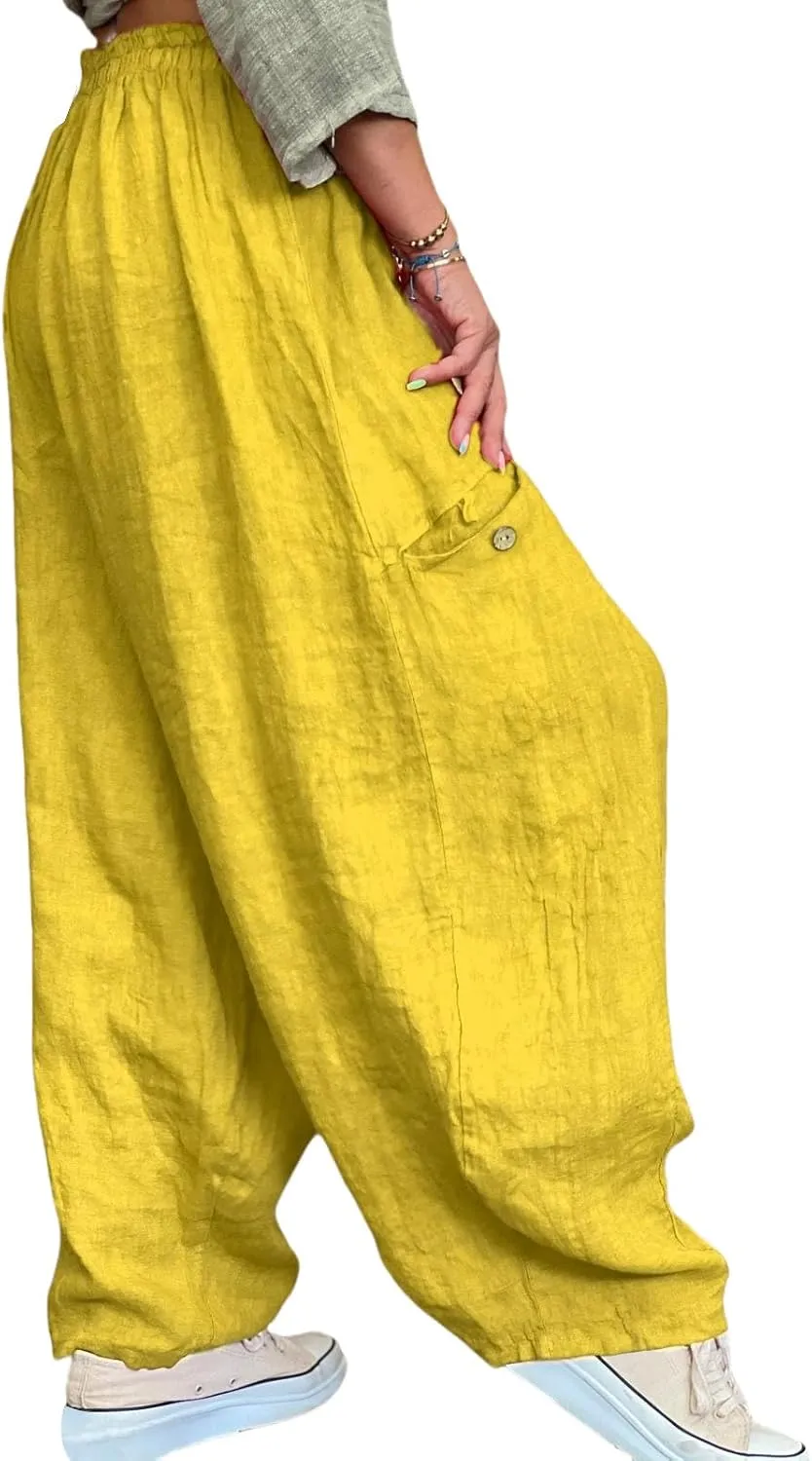 Women's Cotton Linen Pants Casual Loose Lantern Trousers Lounge Wide Leg Pants for Women Summer Light and Breathable
