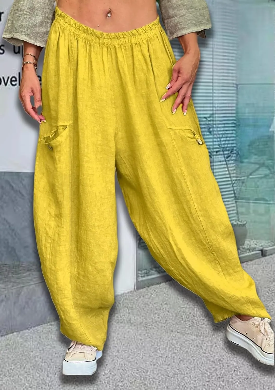 Women's Cotton Linen Pants Casual Loose Lantern Trousers Lounge Wide Leg Pants for Women Summer Light and Breathable