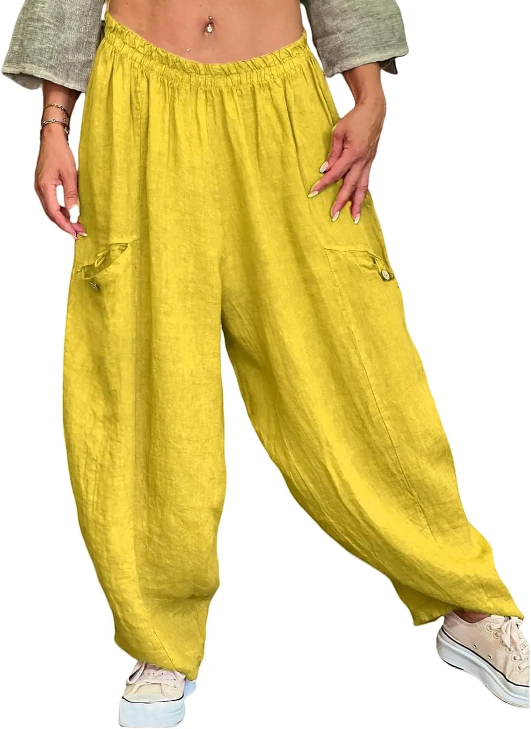 Women's Cotton Linen Pants Casual Loose Lantern Trousers Lounge Wide Leg Pants for Women Summer Light and Breathable