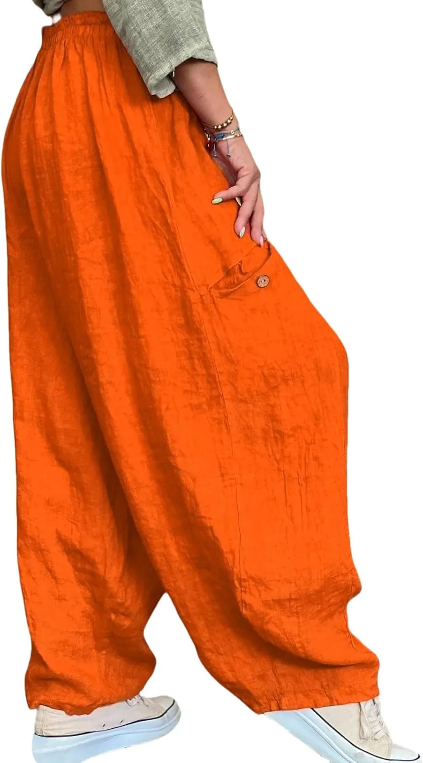 Women's Cotton Linen Pants Casual Loose Lantern Trousers Lounge Wide Leg Pants for Women Summer Light and Breathable