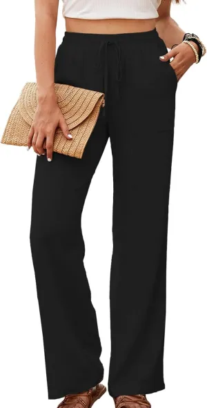 Womens Cotton Linen Pants High Waist Drawstring Straight Trousers Casual Pants for Women Summer Light and Breathable