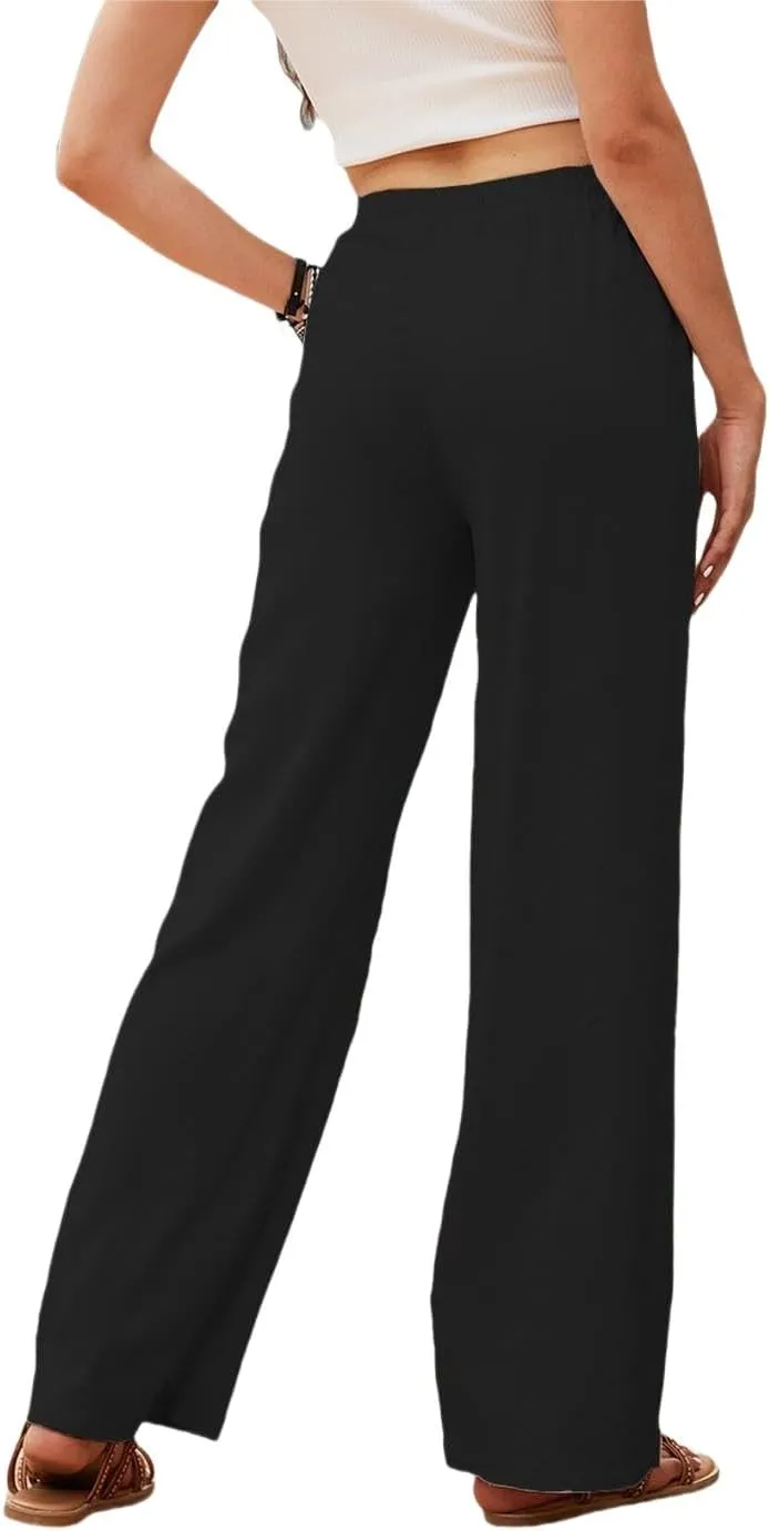 Womens Cotton Linen Pants High Waist Drawstring Straight Trousers Casual Pants for Women Summer Light and Breathable