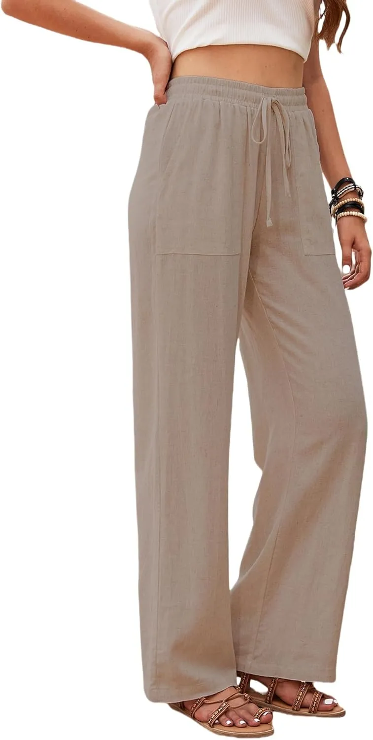Womens Cotton Linen Pants High Waist Drawstring Straight Trousers Casual Pants for Women Summer Light and Breathable