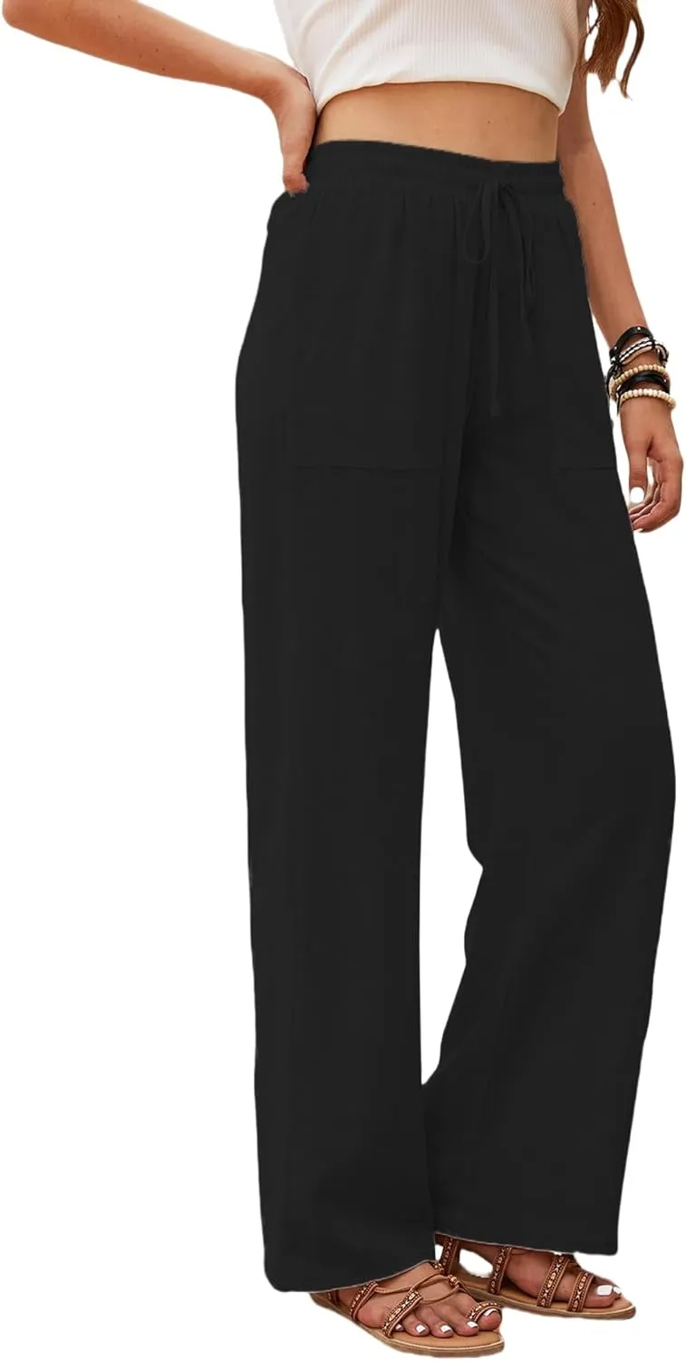 Womens Cotton Linen Pants High Waist Drawstring Straight Trousers Casual Pants for Women Summer Light and Breathable