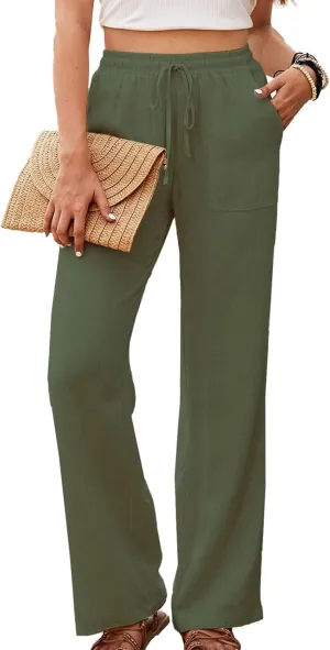 Womens Cotton Linen Pants High Waist Drawstring Straight Trousers Casual Pants for Women Summer Light and Breathable