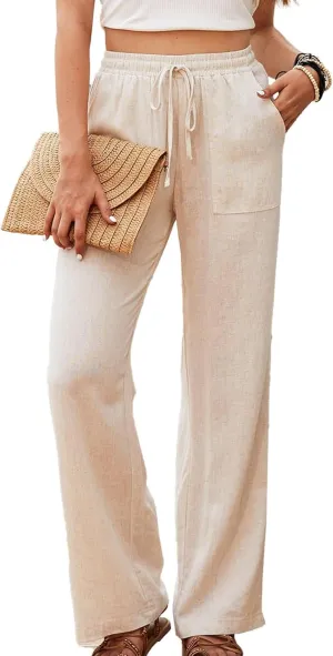 Womens Cotton Linen Pants High Waist Drawstring Straight Trousers Casual Pants for Women Summer Light and Breathable