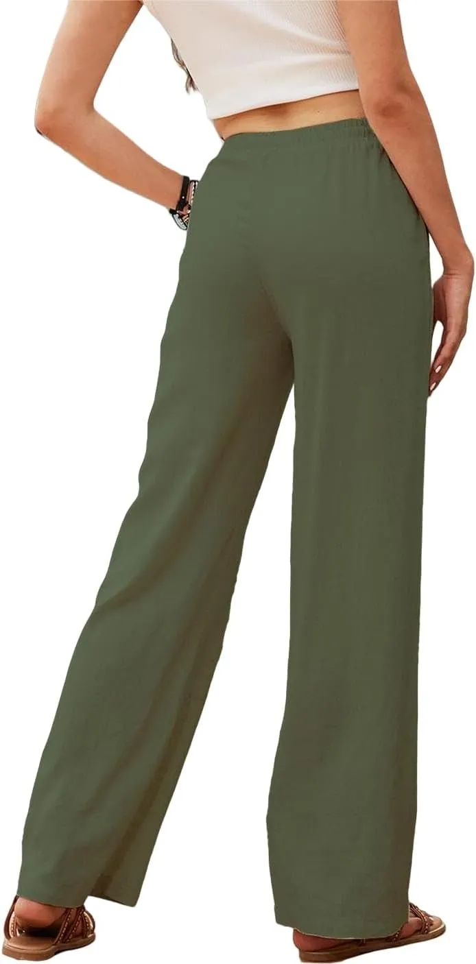 Womens Cotton Linen Pants High Waist Drawstring Straight Trousers Casual Pants for Women Summer Light and Breathable