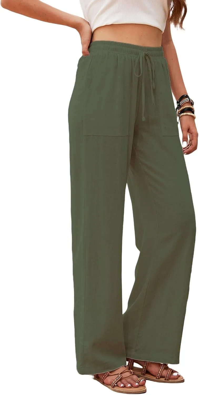 Womens Cotton Linen Pants High Waist Drawstring Straight Trousers Casual Pants for Women Summer Light and Breathable