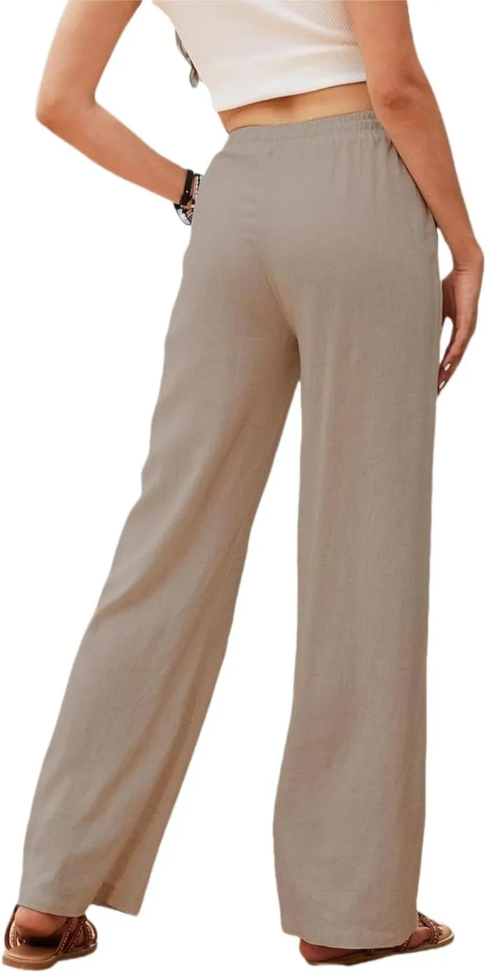 Womens Cotton Linen Pants High Waist Drawstring Straight Trousers Casual Pants for Women Summer Light and Breathable