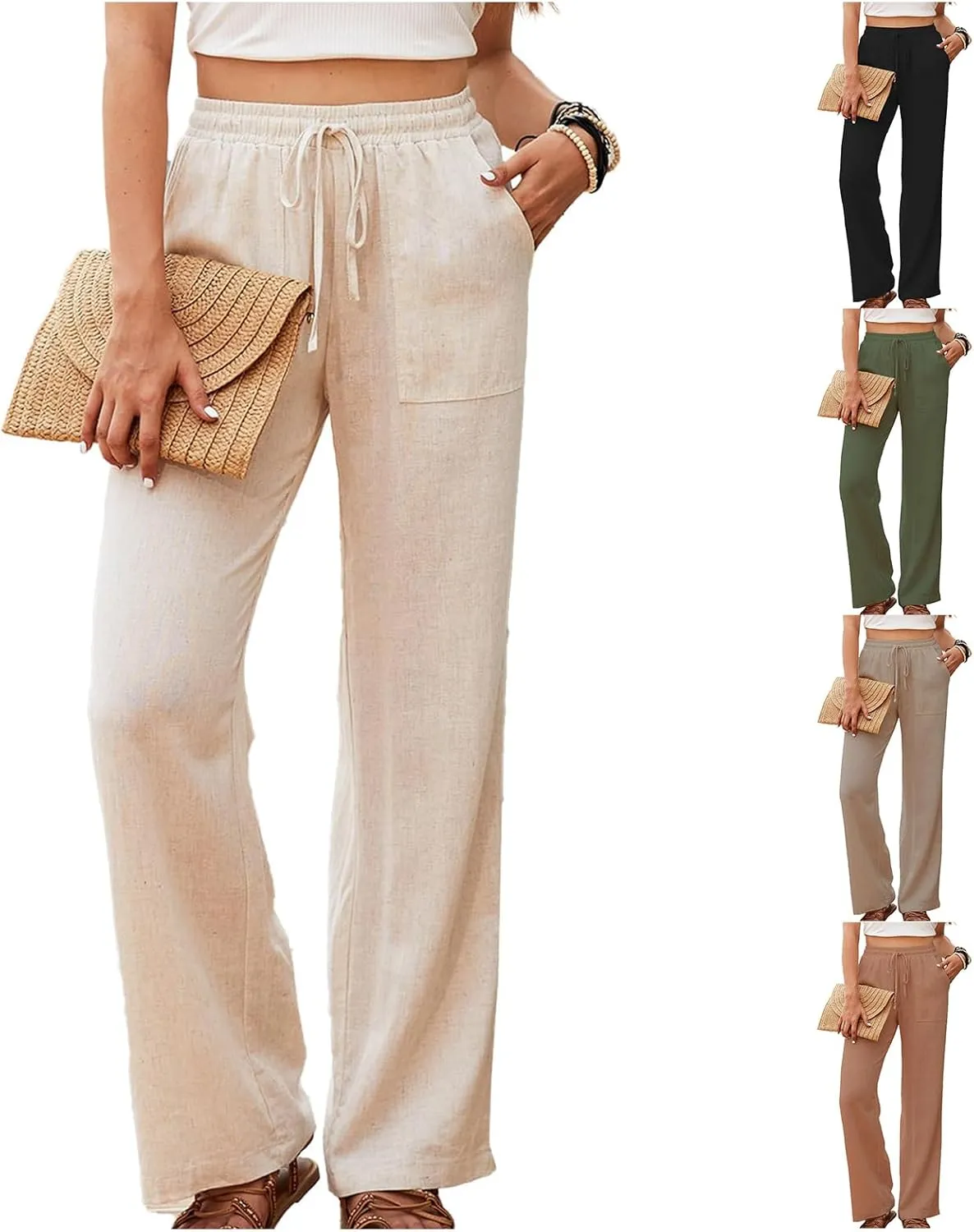 Womens Cotton Linen Pants High Waist Drawstring Straight Trousers Casual Pants for Women Summer Light and Breathable