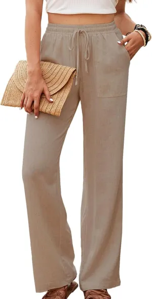 Womens Cotton Linen Pants High Waist Drawstring Straight Trousers Casual Pants for Women Summer Light and Breathable