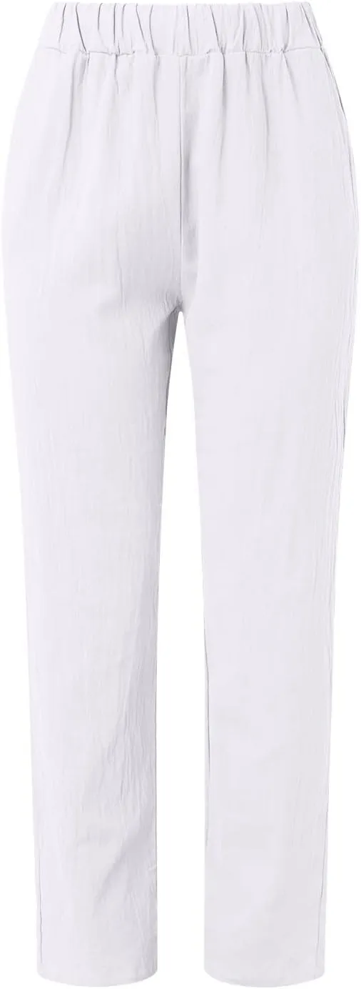 Women's Cotton Linen Pants Summer Casual Loose Elastic High Waisted Wide Leg Trousers Pockets Beach Travel Vacation Clothes