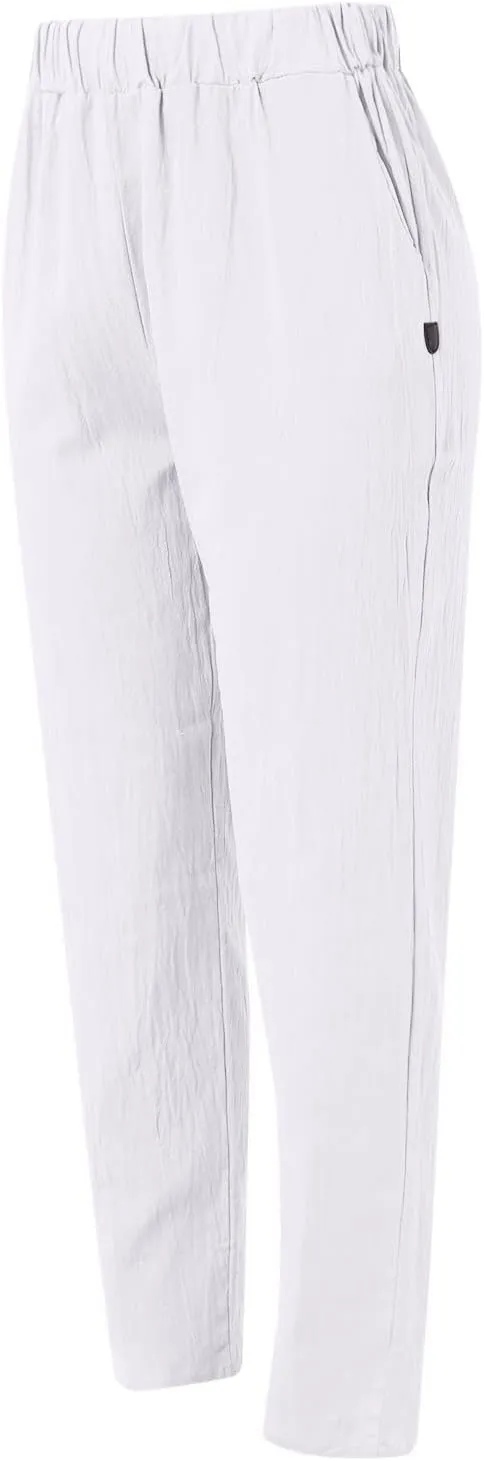 Women's Cotton Linen Pants Summer Casual Loose Elastic High Waisted Wide Leg Trousers Pockets Beach Travel Vacation Clothes
