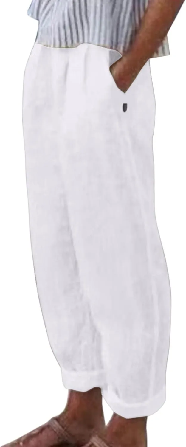 Women's Cotton Linen Pants Summer Casual Loose Elastic High Waisted Wide Leg Trousers Pockets Beach Travel Vacation Clothes