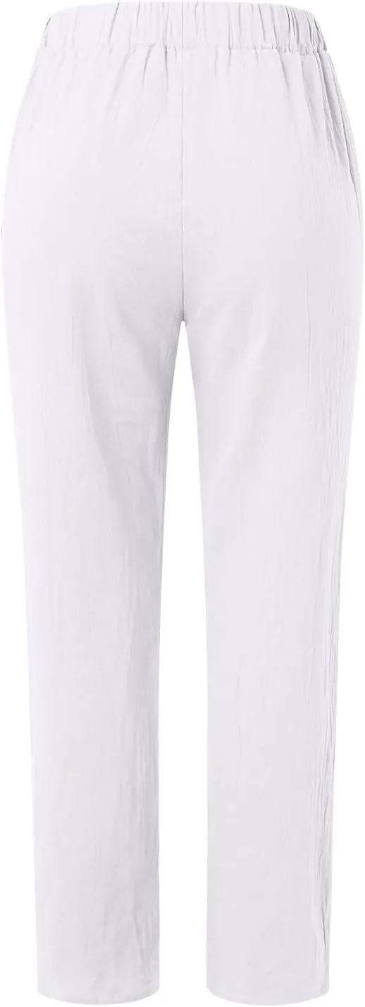 Women's Cotton Linen Pants Summer Casual Loose Elastic High Waisted Wide Leg Trousers Pockets Beach Travel Vacation Clothes