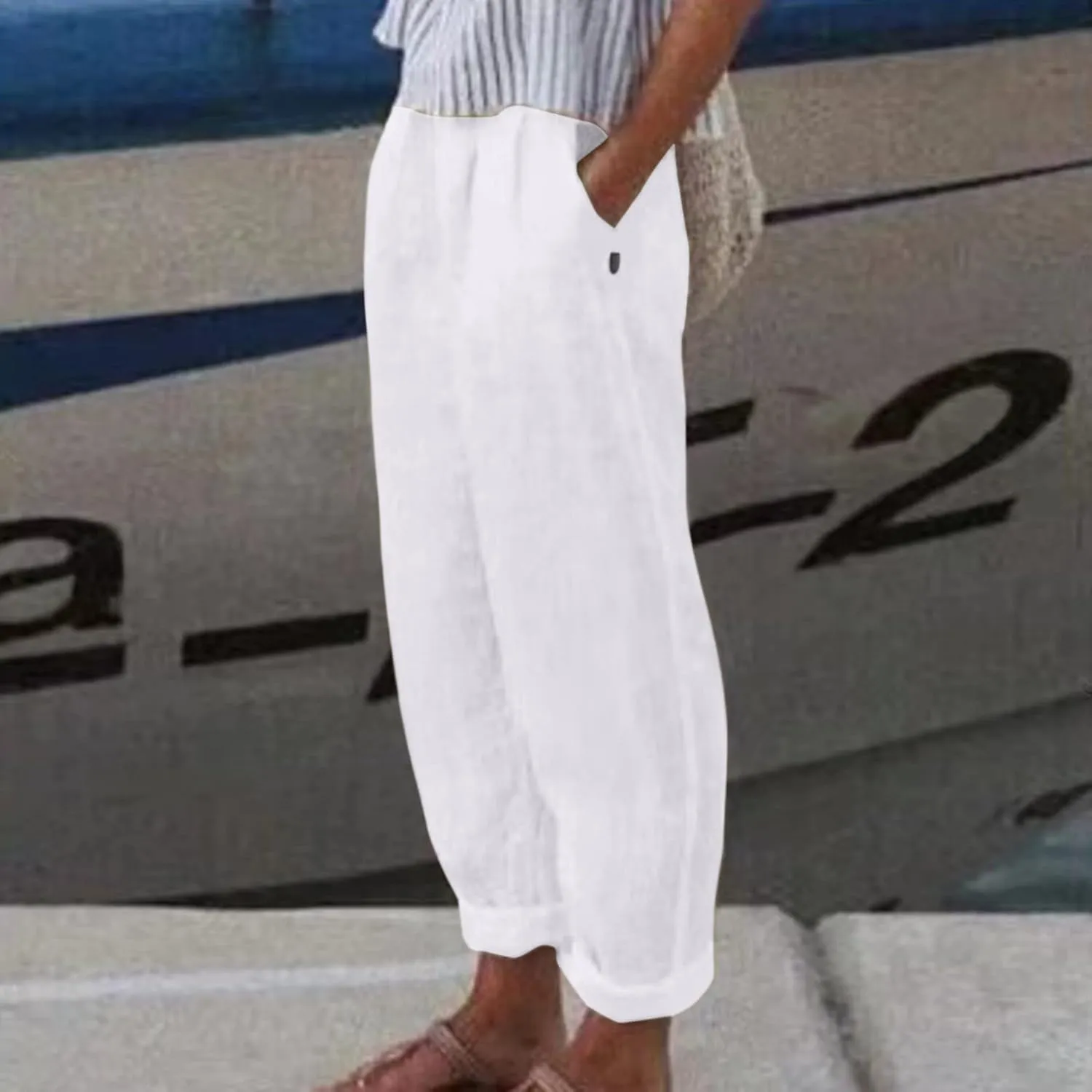 Women's Cotton Linen Pants Summer Casual Loose Elastic High Waisted Wide Leg Trousers Pockets Beach Travel Vacation Clothes