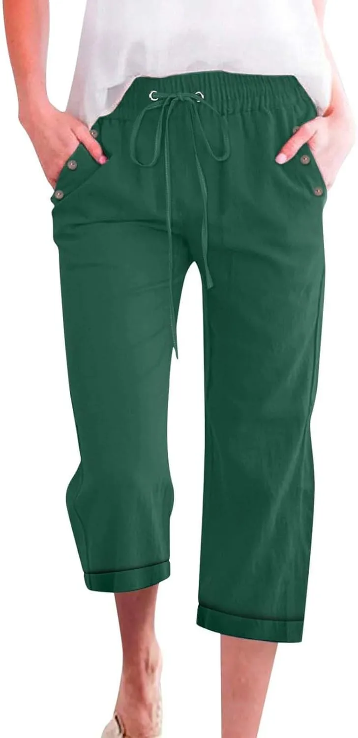 Women's Cotton Linen Straight Capris Summer Drawstrings High Waist Lounge Trousers Comfy Breathable Casual Pants with Pockets