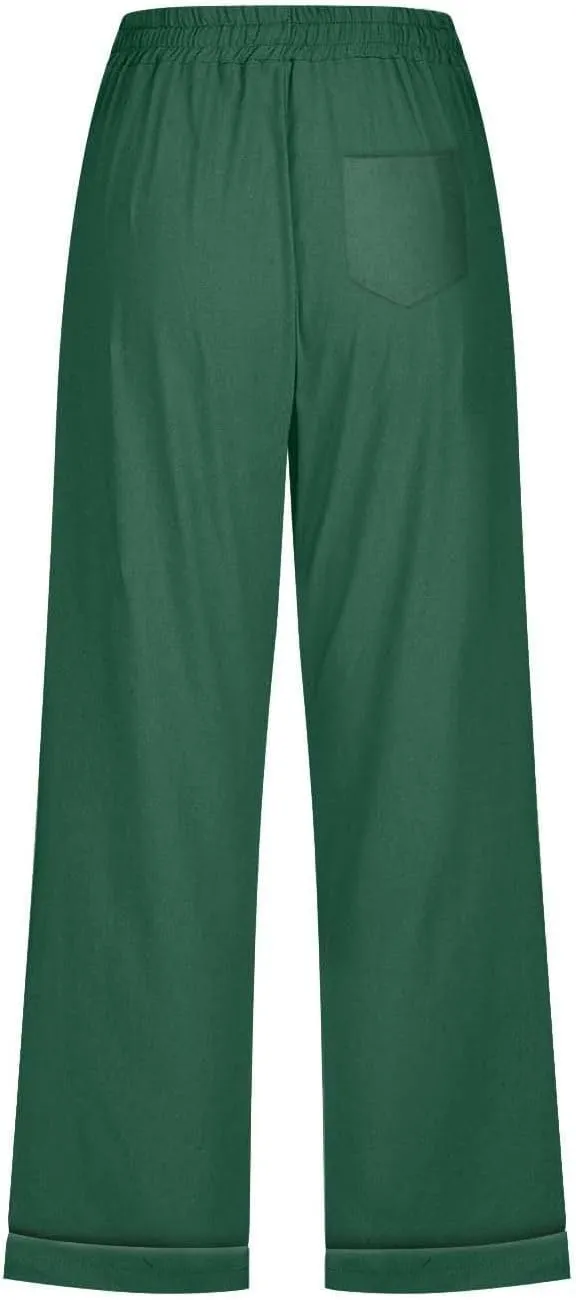 Women's Cotton Linen Straight Capris Summer Drawstrings High Waist Lounge Trousers Comfy Breathable Casual Pants with Pockets