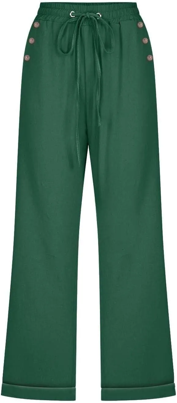 Women's Cotton Linen Straight Capris Summer Drawstrings High Waist Lounge Trousers Comfy Breathable Casual Pants with Pockets