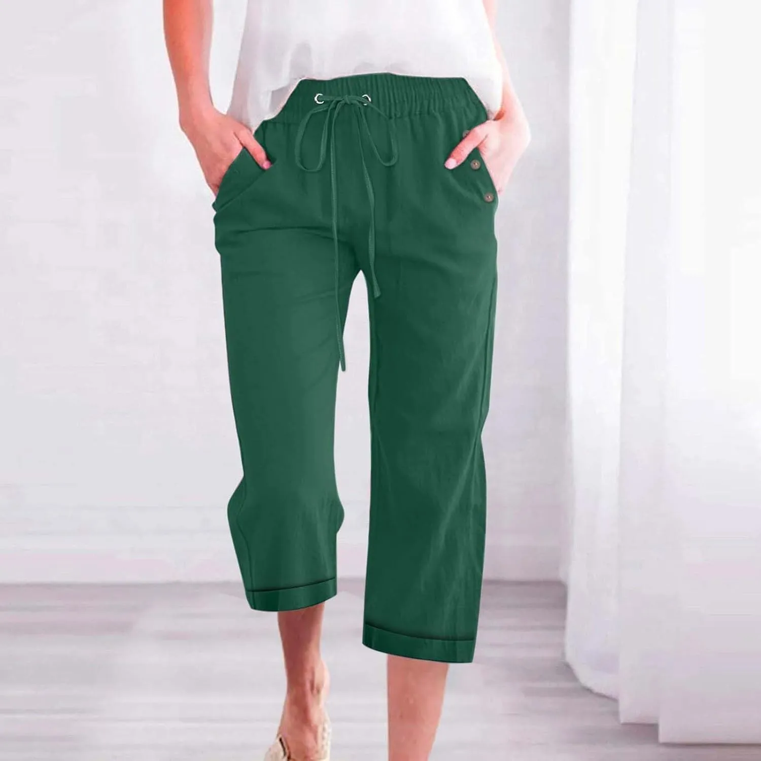 Women's Cotton Linen Straight Capris Summer Drawstrings High Waist Lounge Trousers Comfy Breathable Casual Pants with Pockets