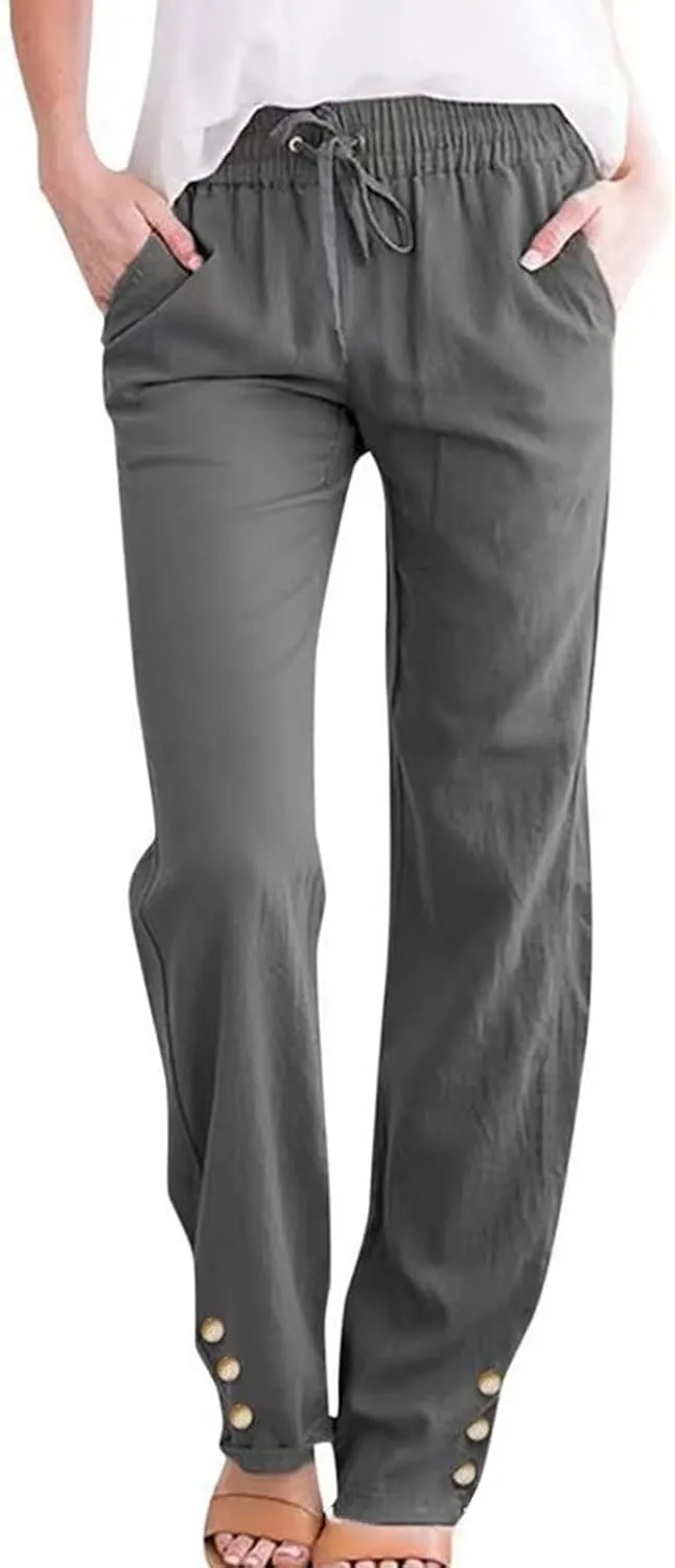 Women's Cotton Linen Straight Trousers Summer Drawstrings High Waist Lounge Trouser Lightweight Breathable Fashion Long Pants