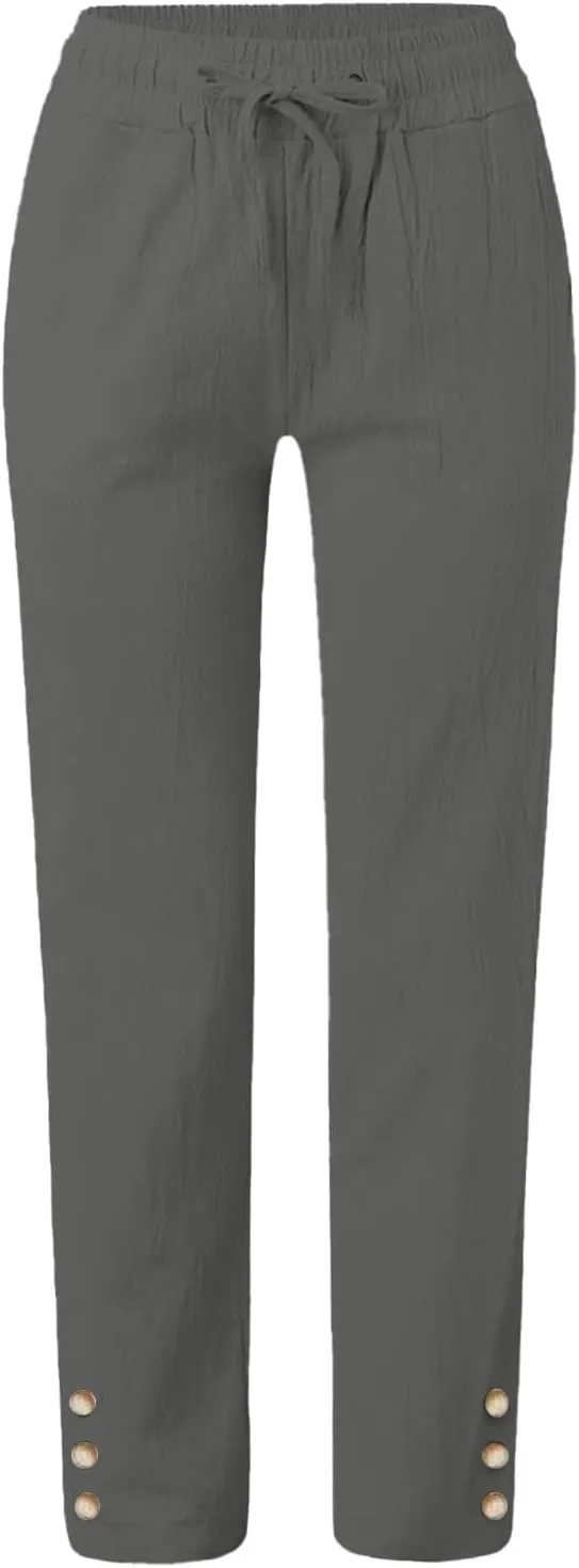 Women's Cotton Linen Straight Trousers Summer Drawstrings High Waist Lounge Trouser Lightweight Breathable Fashion Long Pants