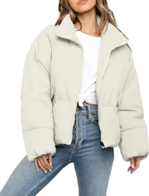 Womens Cropped Puffer Jacket Long Sleeve Winter Puffy Coat Short Warm Casual Quilted Jackets