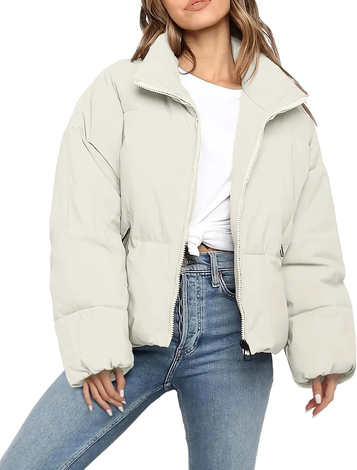 Womens Cropped Puffer Jacket Long Sleeve Winter Puffy Coat Short Warm Casual Quilted Jackets