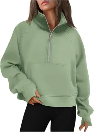 Women's Fashion Casual Half Zipper Short Stand Collar Plus Fleece Solid Color Hoodie Ladies Sweatsuits