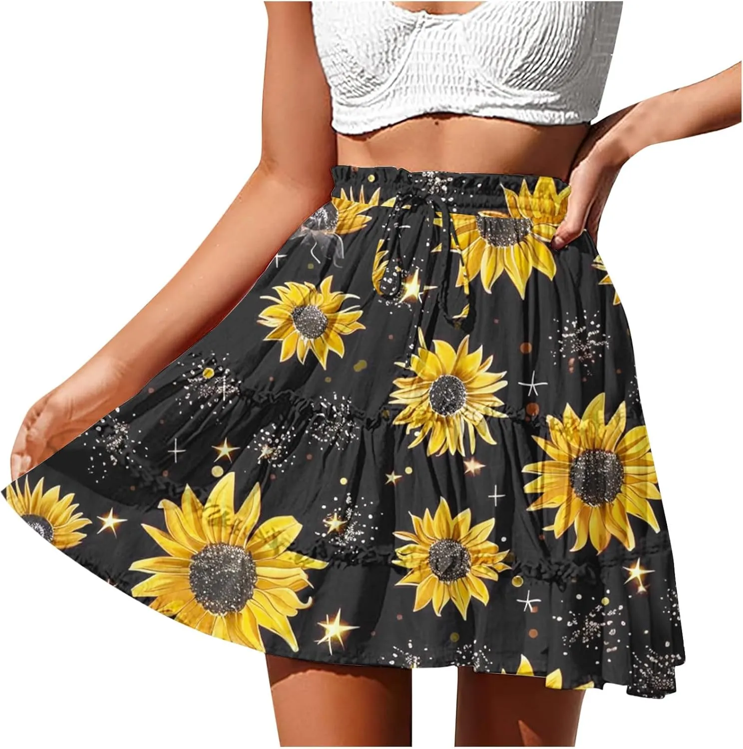 Womens Floral Ruffle Mini Skirts 2025 Summer Skater Short Skirt Elastic Waist Boho Pleated Skirts Trendy Half Dress