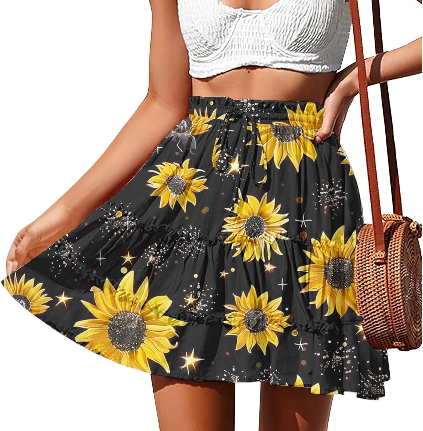 Womens Floral Ruffle Mini Skirts 2025 Summer Skater Short Skirt Elastic Waist Boho Pleated Skirts Trendy Half Dress