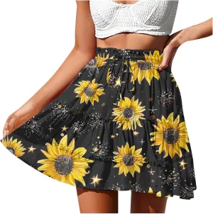 Womens Floral Ruffle Mini Skirts 2025 Summer Skater Short Skirt Elastic Waist Boho Pleated Skirts Trendy Half Dress