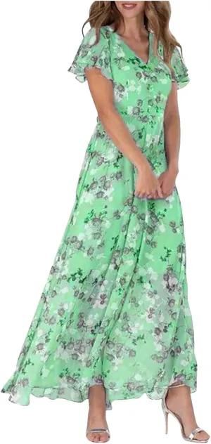 Womens Floral Summer Dress Sundresses for Women Chiffon Short Sleeve V Neck A-Line Ruffle Flowy Maxi Dress Casual 2025