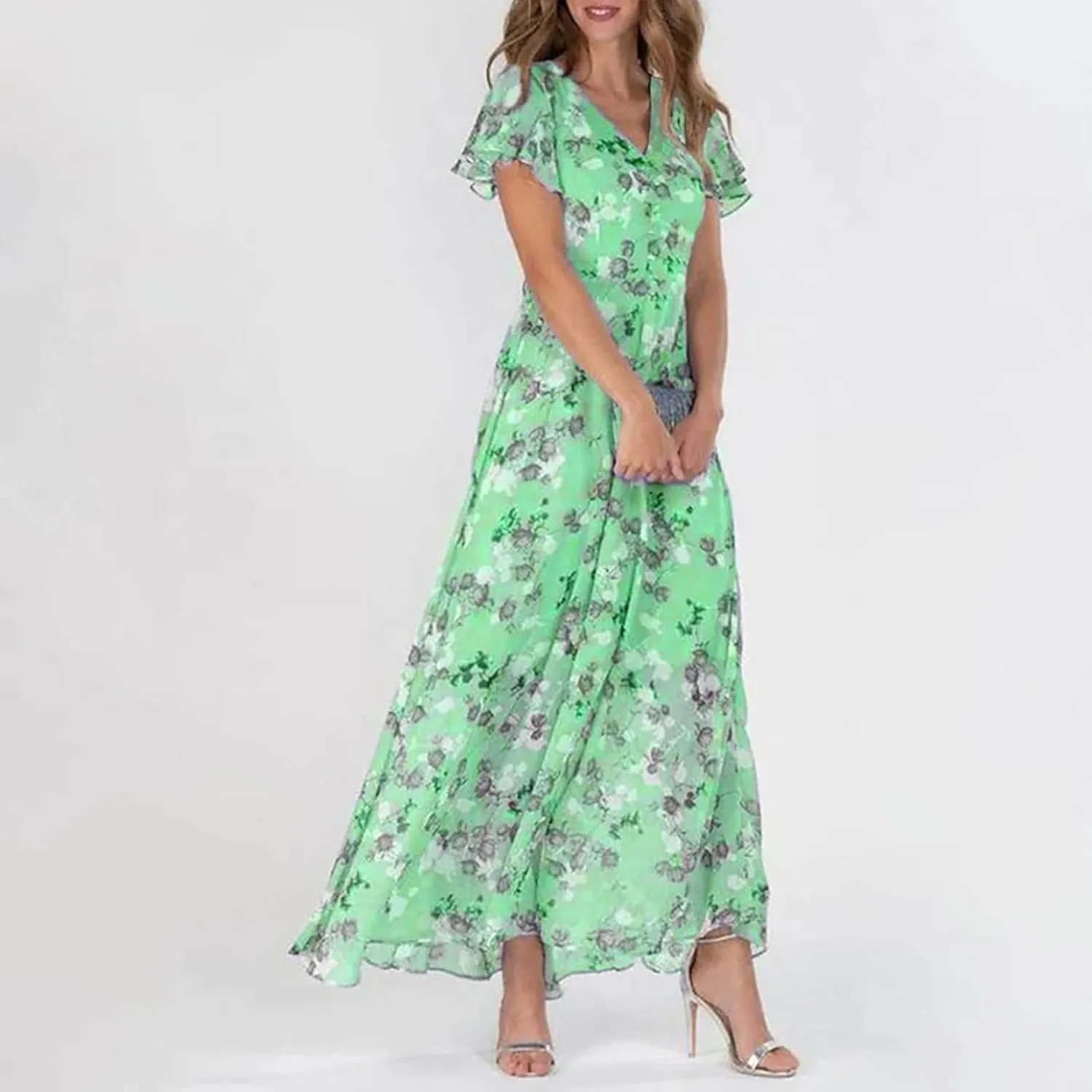 Womens Floral Summer Dress Sundresses for Women Chiffon Short Sleeve V Neck A-Line Ruffle Flowy Maxi Dress Casual 2025