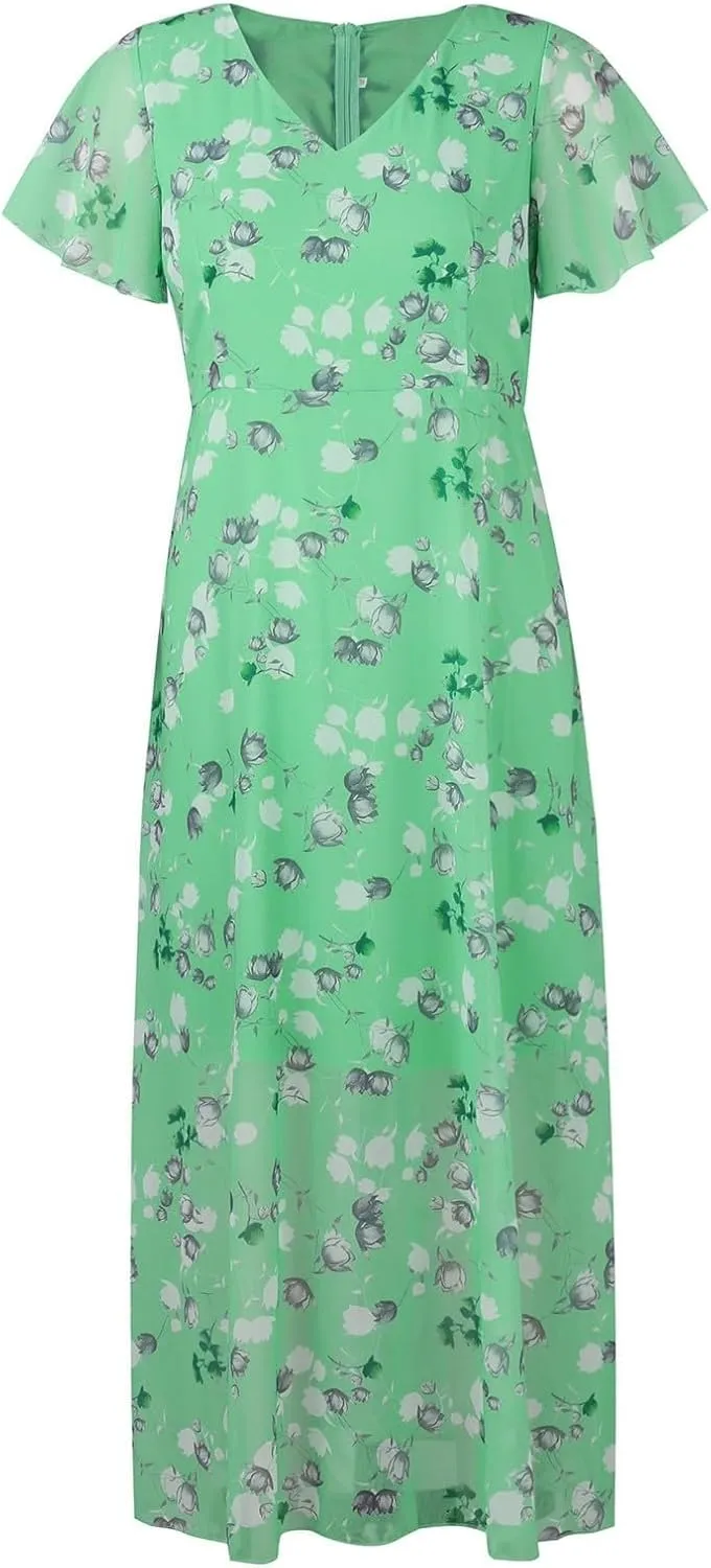 Womens Floral Summer Dress Sundresses for Women Chiffon Short Sleeve V Neck A-Line Ruffle Flowy Maxi Dress Casual 2025