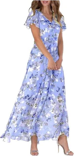 Womens Floral Summer Dress Sundresses for Women Chiffon Short Sleeve V Neck A-Line Ruffle Flowy Maxi Dress Casual 2025