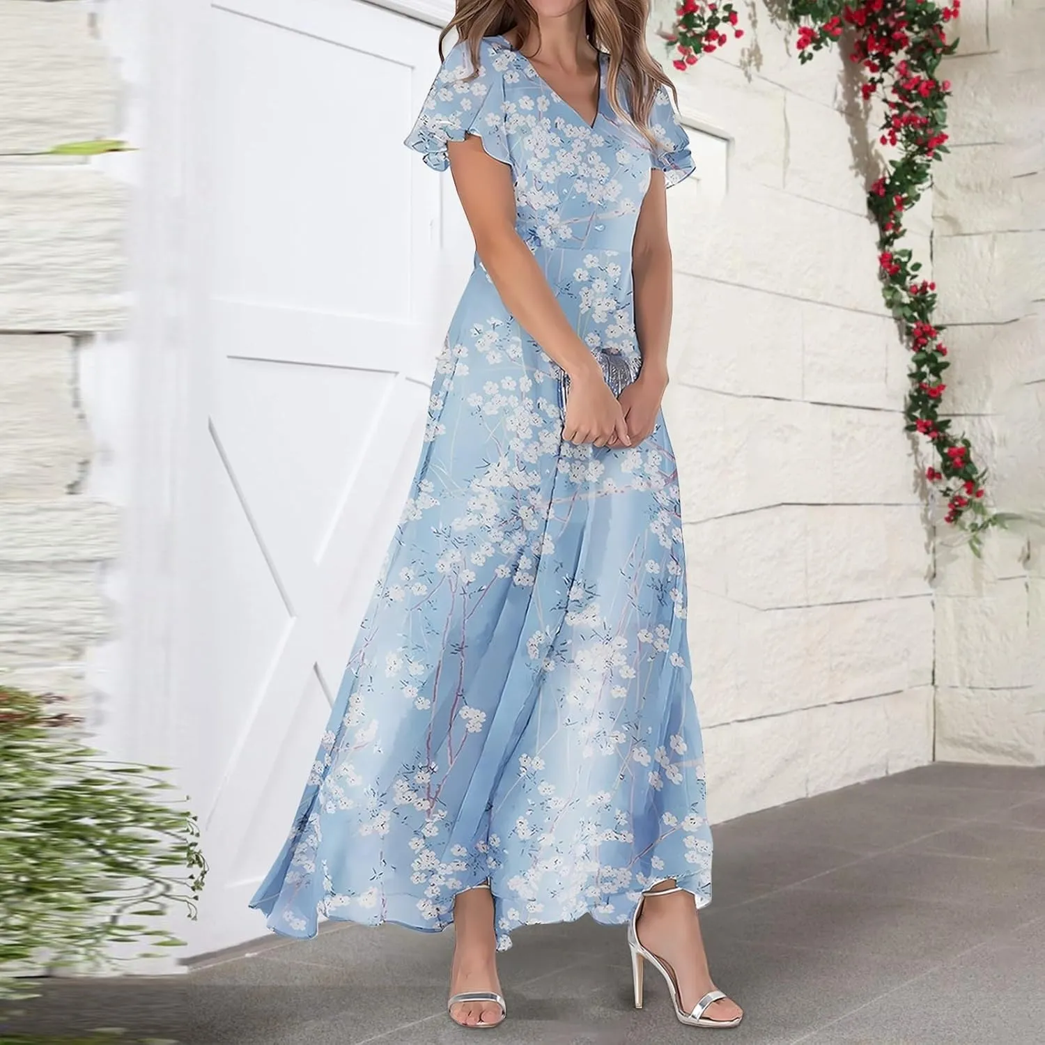 Womens Floral Summer Dress Sundresses for Women Chiffon Short Sleeve V Neck A-Line Ruffle Flowy Maxi Dress Casual