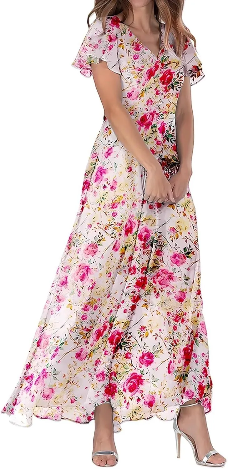 Womens Floral Summer Dress Sundresses for Women Chiffon Short Sleeve V Neck A-Line Ruffle Flowy Maxi Dress Casual