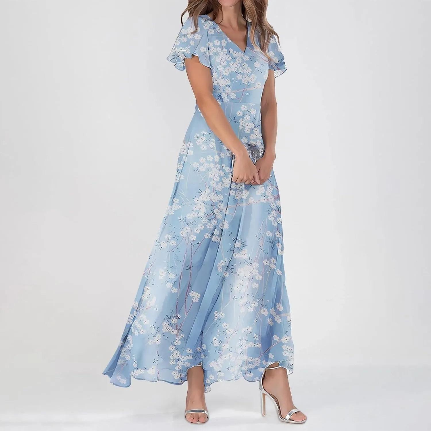 Womens Floral Summer Dress Sundresses for Women Chiffon Short Sleeve V Neck A-Line Ruffle Flowy Maxi Dress Casual