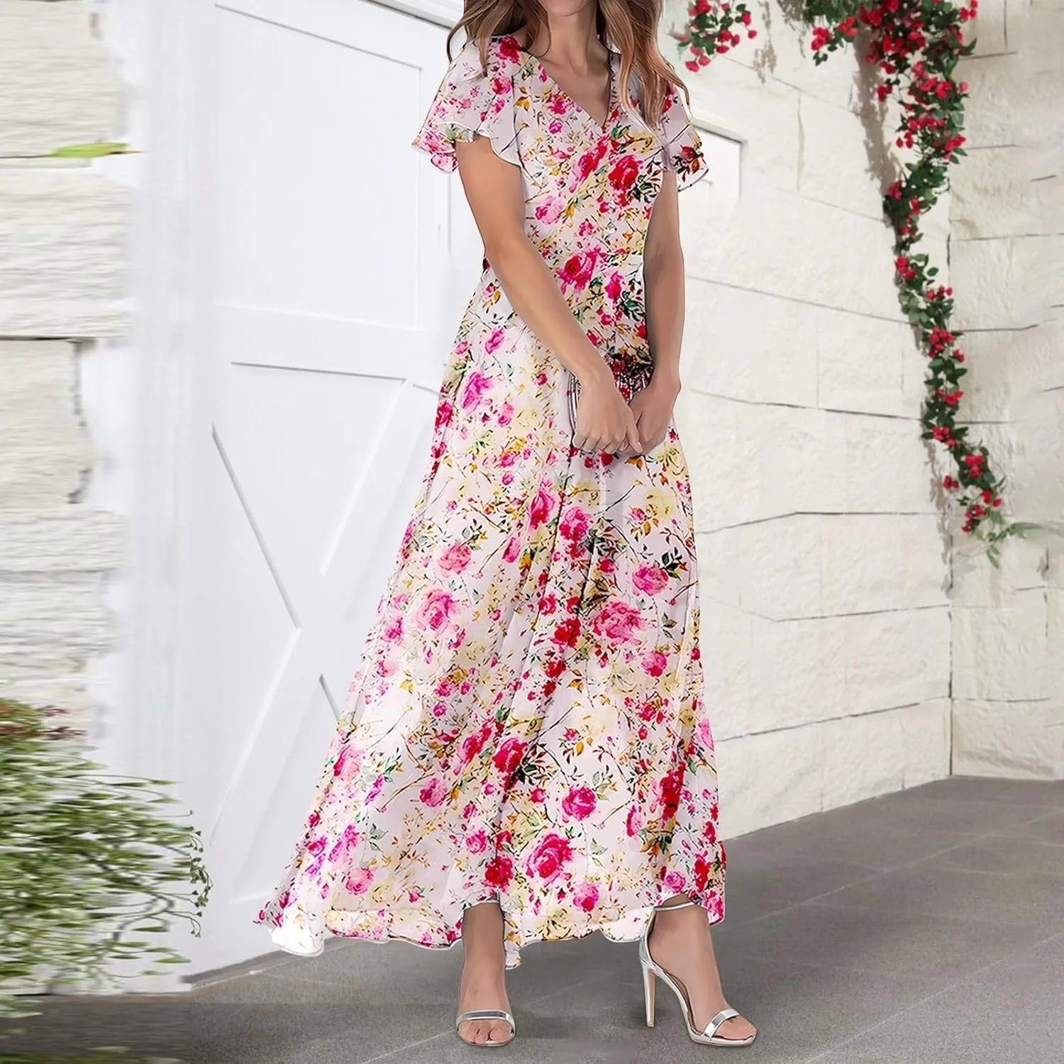 Womens Floral Summer Dress Sundresses for Women Chiffon Short Sleeve V Neck A-Line Ruffle Flowy Maxi Dress Casual