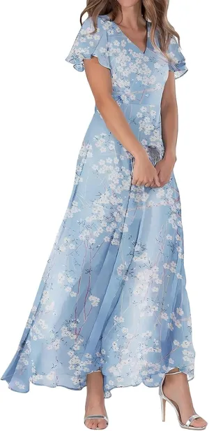 Womens Floral Summer Dress Sundresses for Women Chiffon Short Sleeve V Neck A-Line Ruffle Flowy Maxi Dress Casual