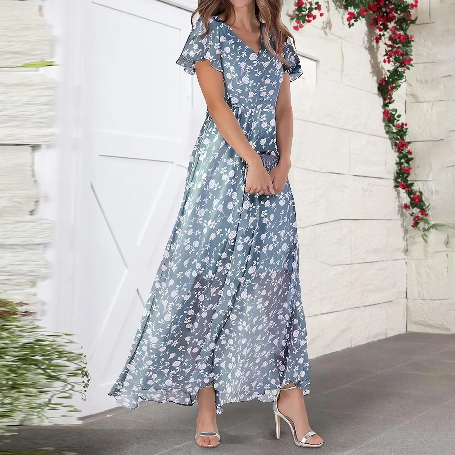 Womens Floral Summer Dress Sundresses for Women Short Sleeve V Neck a Line Chiffon Ruffle Flowy Maxi Dress Casual